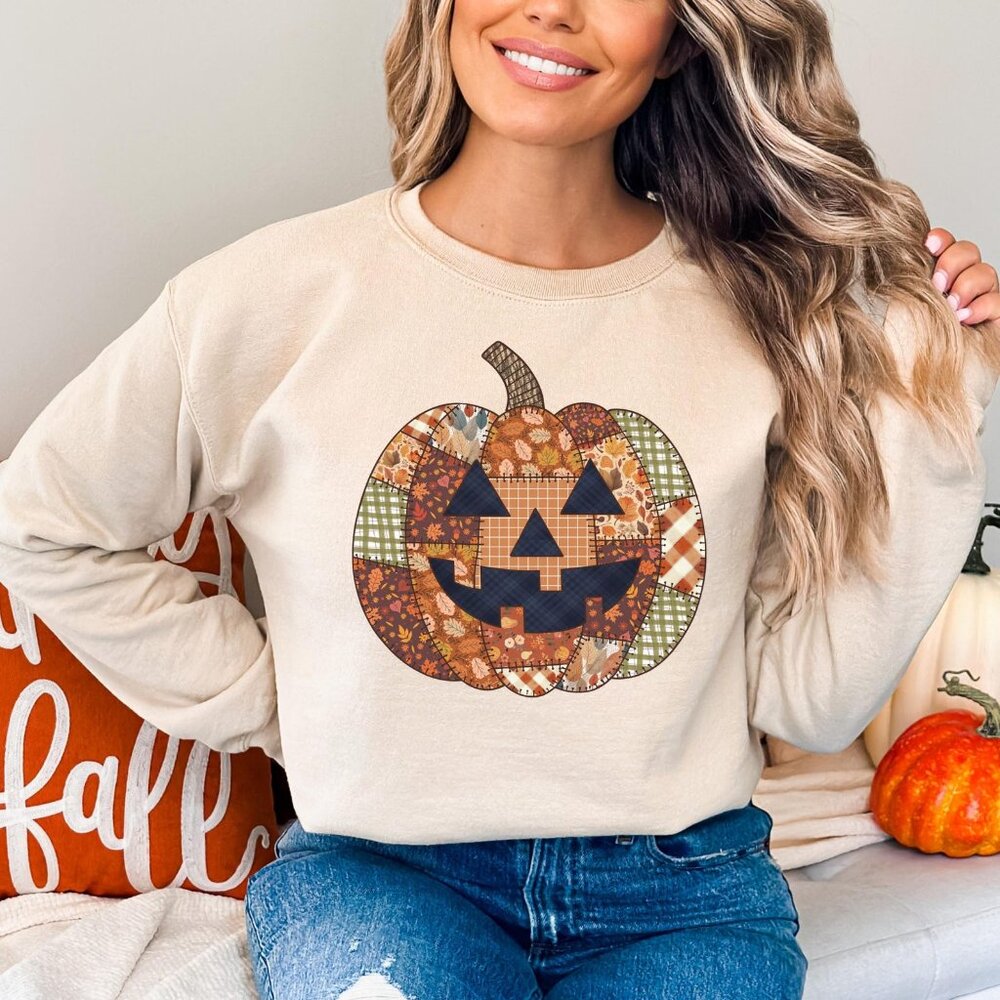 Patchwork Pumpkin Halloween Sweatshirt Retro Spoo… - image 1